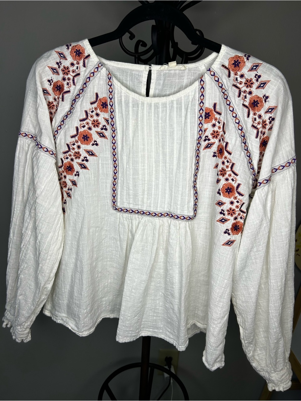 Rebellion White Embroidered Blouse with Rust and Navy Accents